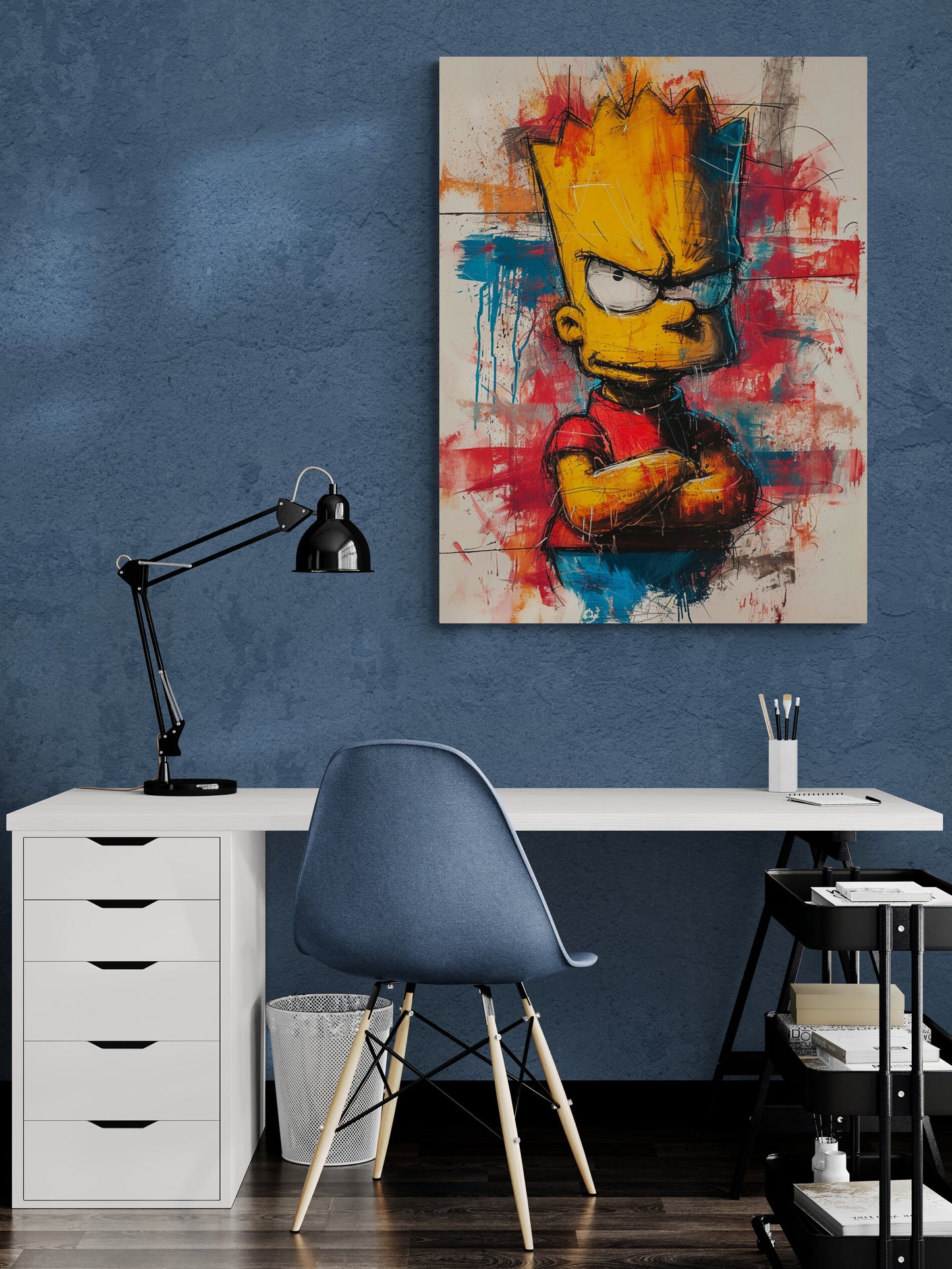 Bureau enfant, tableau Bart Simpson, ambiance studieuse.