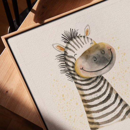 Smiling Zebra Kids Wall Art, Golden Oak Framed Print for Living Room