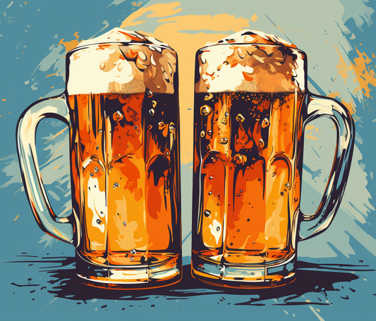 Illustration de chopes de bière, éclaboussures colorées en arrière-plan.