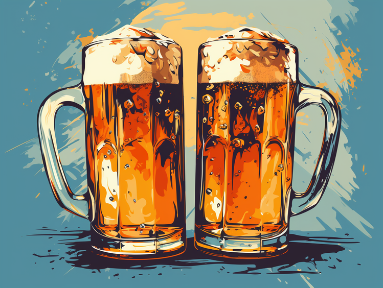 Illustration de chopes de bière, éclaboussures colorées en arrière-plan.