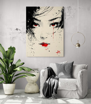 Contemporary living room with geisha painting, comfortable sofa, and green plant.