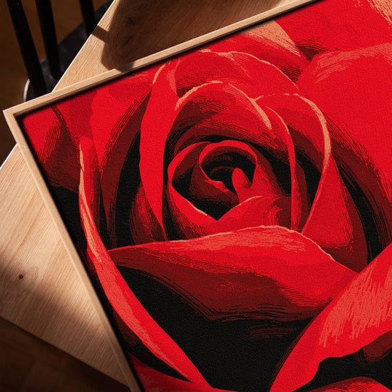 Rose rouge toile décorative pour salon cadre chêne doré