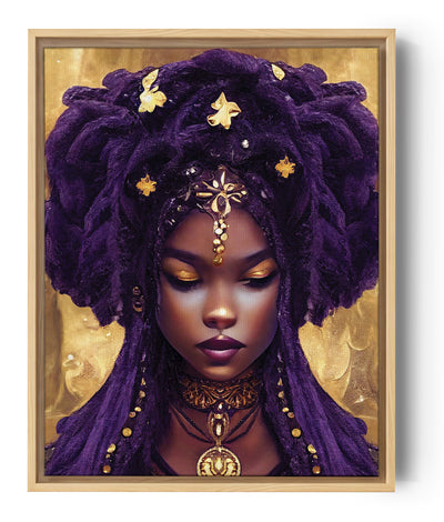 Canvas wall art print featuring an ethereal Black goddess, dark skin, long purple and black hair with ornate beads and gold accents