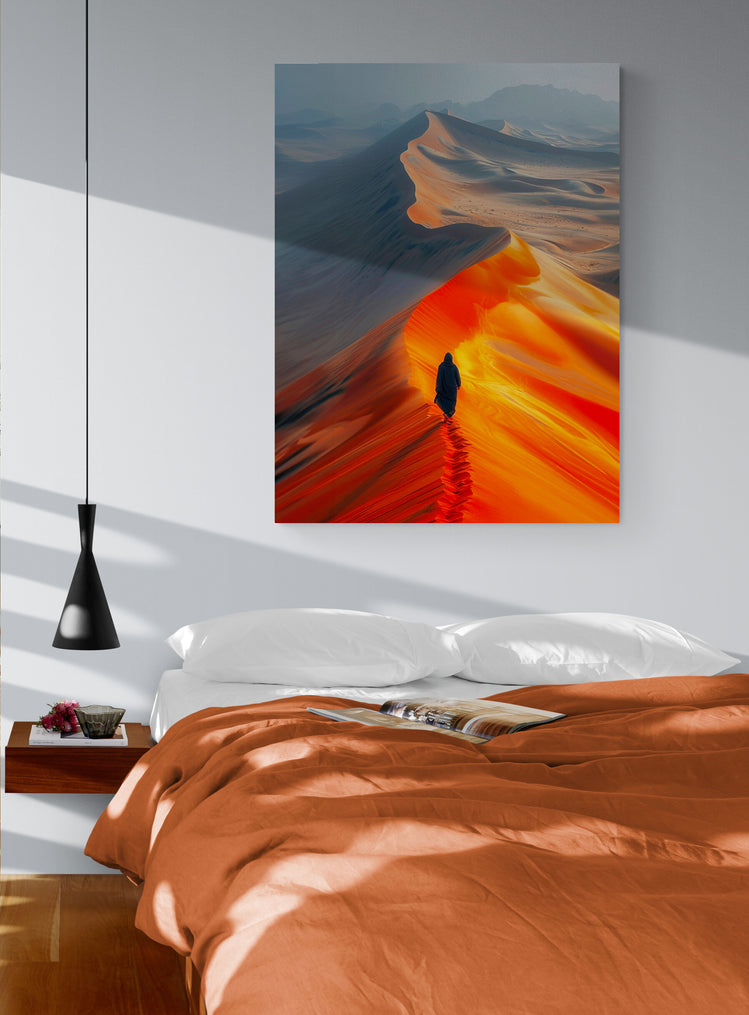 chambre parentale, draps orange, table de nuit murale, lit double, poster paysage sable.