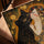 Cat couple kissing painting for living room with a golden oak frame; elegant wall art