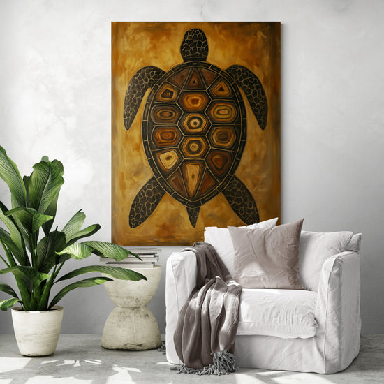 Turtle canvas with geometric motifs displayed in a modern living room, accompanied by a white armchair and a large green plant. The artwork becomes the centerpiece of a chic tropical space.