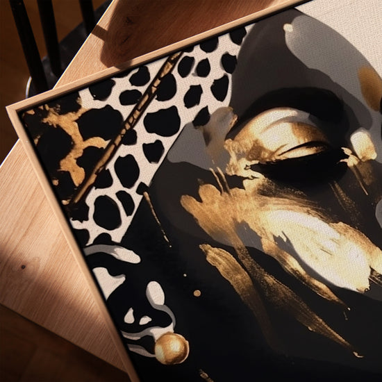 Black and gold African woman portrait canvas for Scandinavian office decor