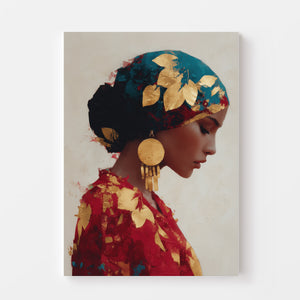 Female profile portrait with turquoise and gold scarf, vibrant red tones, bohemian chic style