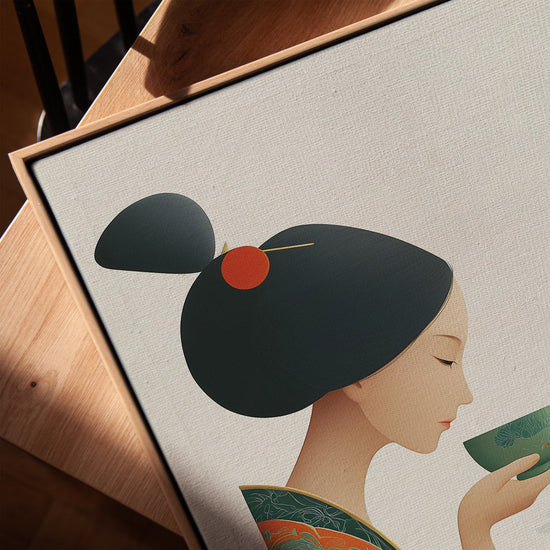 Tableau femme japonaise kimono thé pour cuisine minimaliste