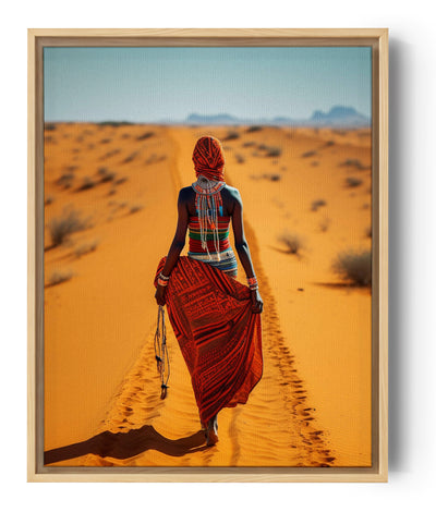 African tribal woman crossing orange sand dunes – desert canvas wall art capturing the enchanting spirit and grace of African culture