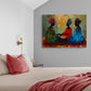 chambre parentale, lit double, coussin et plaid rouge, table de chevet, affiche peinture décoration