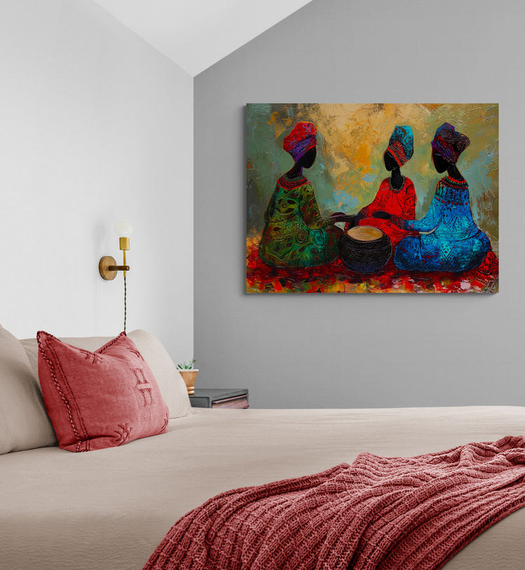chambre parentale, lit double, coussin et plaid rouge, table de chevet, affiche peinture décoration