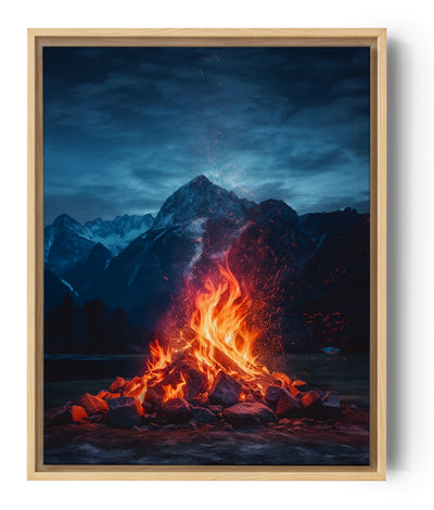 Close-up campfire photo canvas with the Swiss Alps in the background