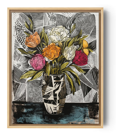 Bouquet de fleurs colorées dans un vase géométrique, fond abstrait en noir et blanc, style graphique