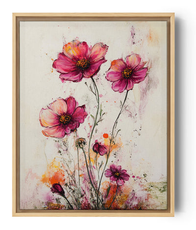 Cette œuvre artistique met en scène des fleurs aux nuances vibrantes de rose, orange et jaune, peintes avec une touche expressive et texturée. Les pétales semblent danser sous l'effet de coups de pinceau dynamiques, offrant un effet visuel riche et lumineux. Le fond clair met en valeur la délicatesse des fleurs, créant une atmosphère douce et chaleureuse.