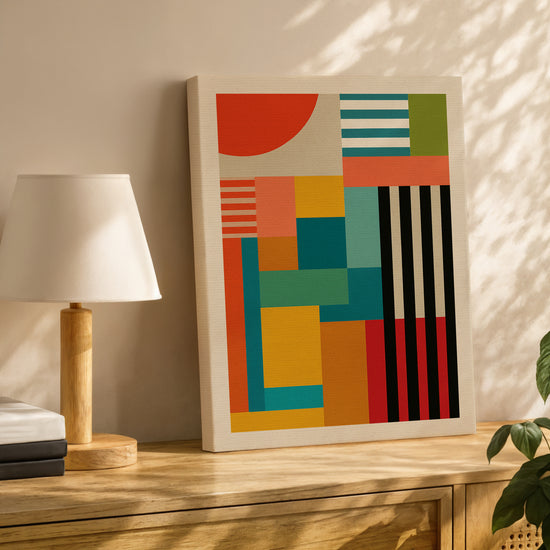 Abstract canvas with soft lunar geometry for the living room, styled with an oak sideboard and table lamp