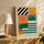 Bauhaus abstract canvas with sun‑inspired geometric shapes in yellow, pink, green, and blue, modern retro decor