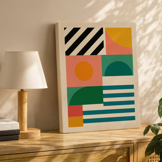 Bauhaus abstract canvas with sun‑inspired geometric shapes in yellow, pink, green, and blue, modern retro decor