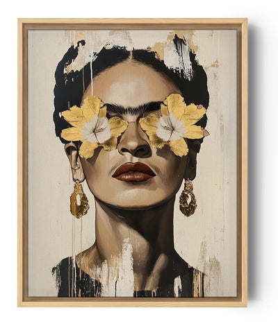 Portrait artistique d’une femme inspirée de Frida Kahlo, avec des fleurs dorées en guise de lunettes. L’œuvre est peinte dans un style moderne avec des touches dorées qui ajoutent une texture luxueuse. Son expression forte et les boucles d’oreilles imposantes renforcent l’intensité du tableau.