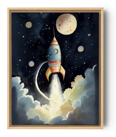 Ein Wandbild mit einer Vintage-Rakete, die in den Sternenhimmel aufsteigt, umgeben von Planeten in Pastelltönen. Eine Szene im Aquarellstil gemalt, mit Rauchwolken unter der Rakete. Die Stimmung ist verträumt, perfekt für ein Kinderzimmer