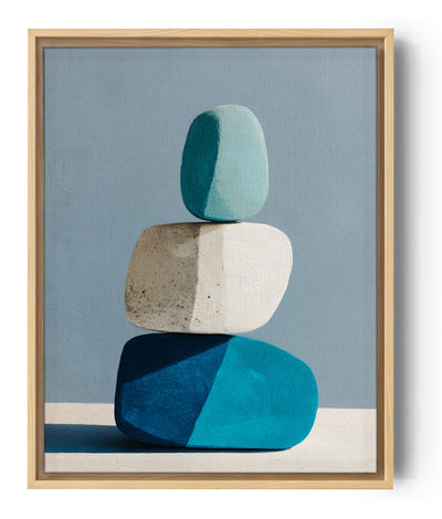 Stapel abstrakter blauer und beiger Kieselsteine auf strukturiertem Hintergrund, minimalistischer Zen-Stil