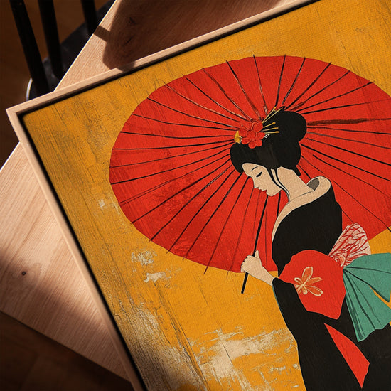 Japanese geisha canvas with parasol for living room, framed in golden oak