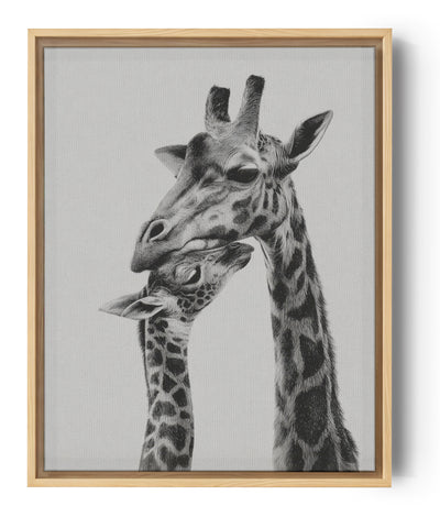 Ilustración monocroma de jirafas que captura la ternura familiar, perfecta para un salón moderno