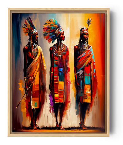 Multicolor canvas of African Maasai warrior women, warm and vibrant colors