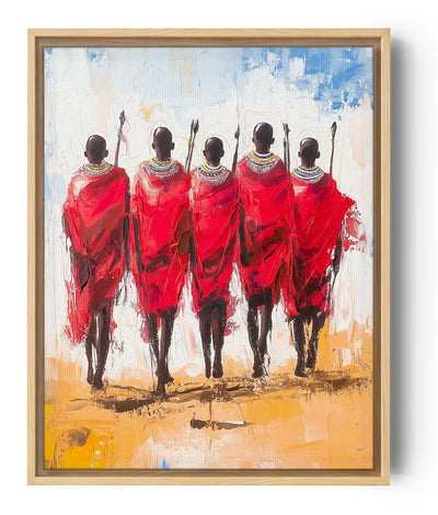 Five Figures in Red Robes Walking Across a Plain - Vibrant African Impressionist Artwork