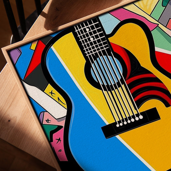 Colorful Pop Art guitar wall art for a Scandinavian-style office