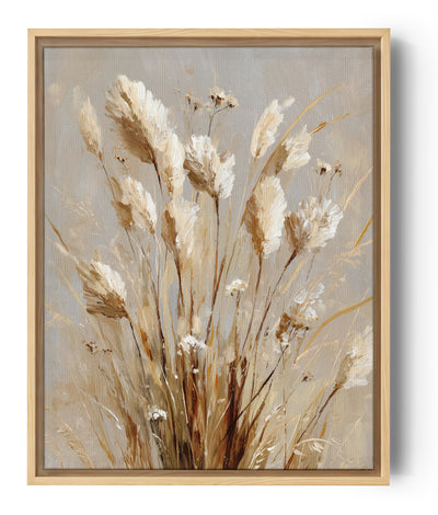 Tableau floral texturé représentant des herbes de pampas dans des tons beige et ocre, évoquant un style naturel et épuré