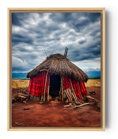 Choza africana tradicional en lienzo, cielo nublado de fondo.