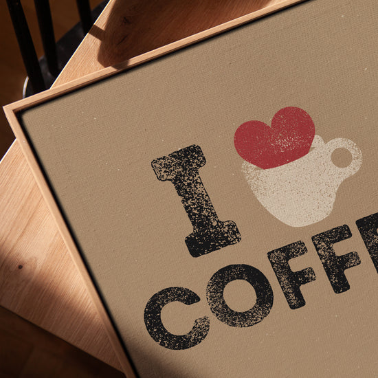 Urban living room canvas, coffee cup with red heart illustration, modern coffee wall art
