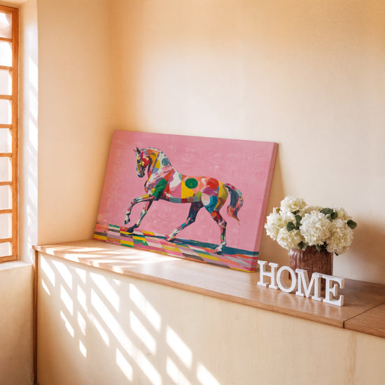 Pop art horse canvas placed on a wooden ledge, creating a bright and joyful decoration.