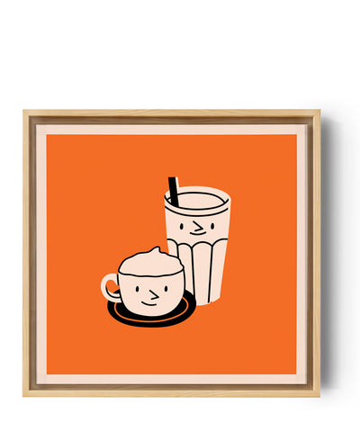 Ein modernes Küchenbild mit einer Illustration auf orangem Hintergrund von zwei niedlichen kleinen Tassen, die lächeln