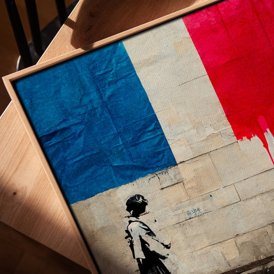 Minimalist office wall art: girl silhouette with the French tricolor flag - Banksy-inspired canvas print