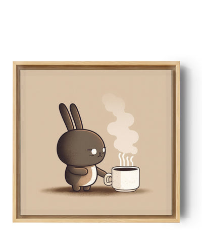 Japanese minimalist kitchen wall art featuring a mischievous brown bunny wincing at a hot coffee cup on a taupe background; a humorous scene full of movement and energy