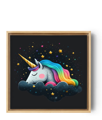 cuadro unicornio dormido sobre nube estrellas arcoíris