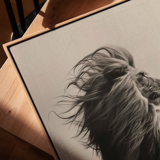 Black and white lion wall art for a minimalist home office