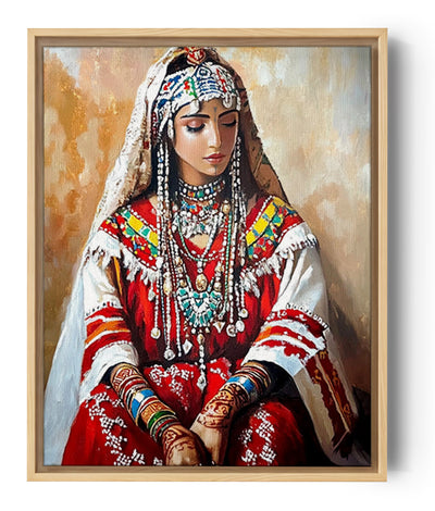 Berber woman in a red traditional dress with silver and colorful jewelry on a textured beige background, Amazigh wall art