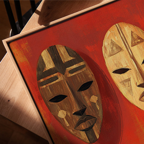African masks wall art on red background for living room, golden oak frame
