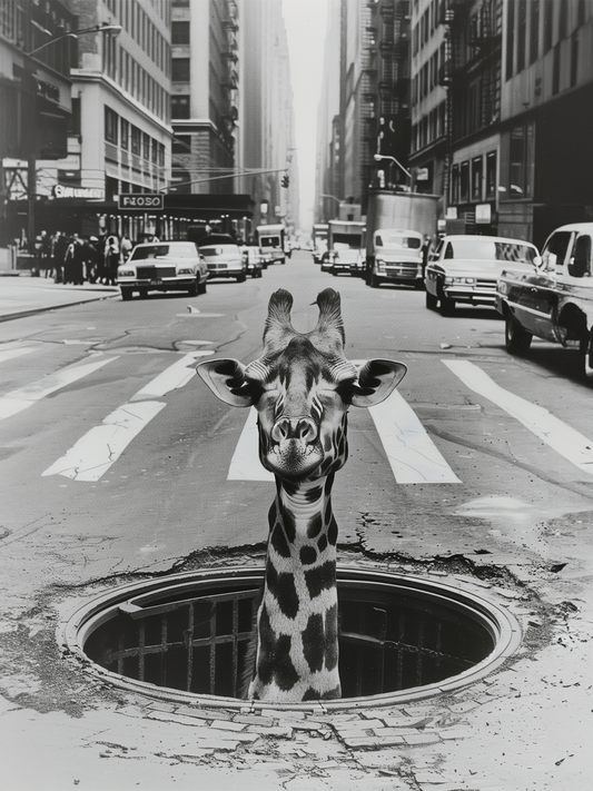toile girafe monochrome, grande ville, voitures, immeuble, route, passage piéton.