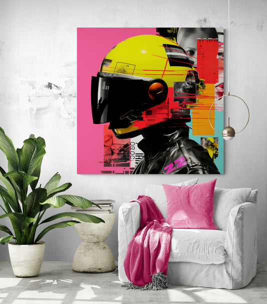 Un tableau vibrant aux teintes roses et jaunes apporte une touche contemporaine à un salon épuré.