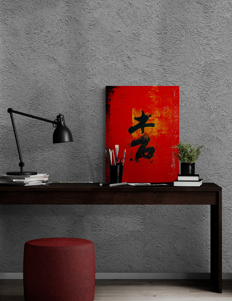 Bureau minimaliste avec toile murale rouge calligraphie orientale.