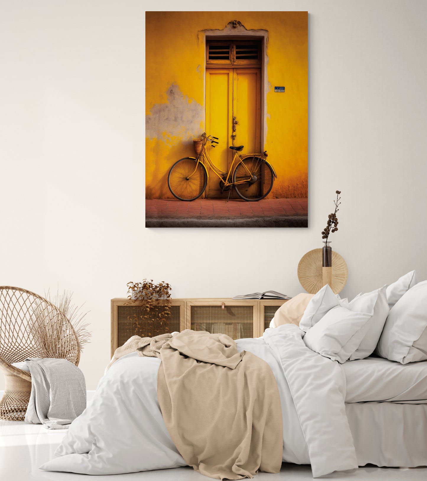 tableau vélo, Œuvre d'art colorée,vieux vélo jaune vintage.