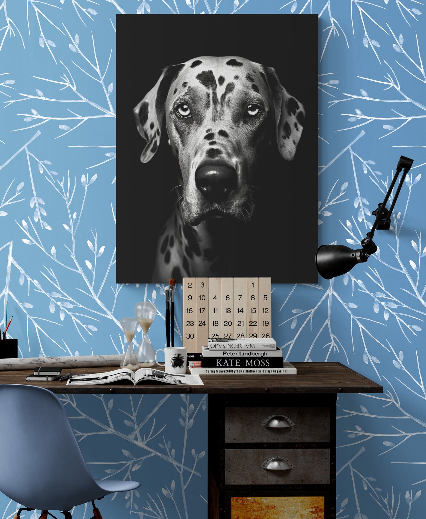 Tableau chien personnalisé accroché dans un bureau