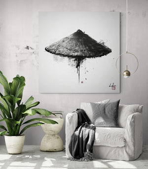 Contemporary canvas with Japanese hat in a minimalist and plant-filled living room.