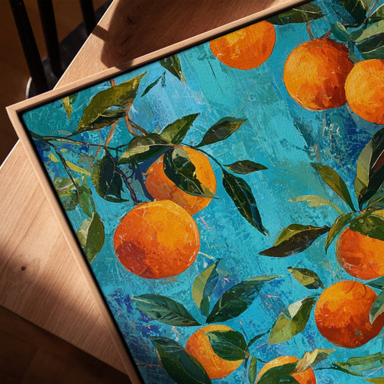 Mediterranean oranges canvas wall art for living room, golden oak frame