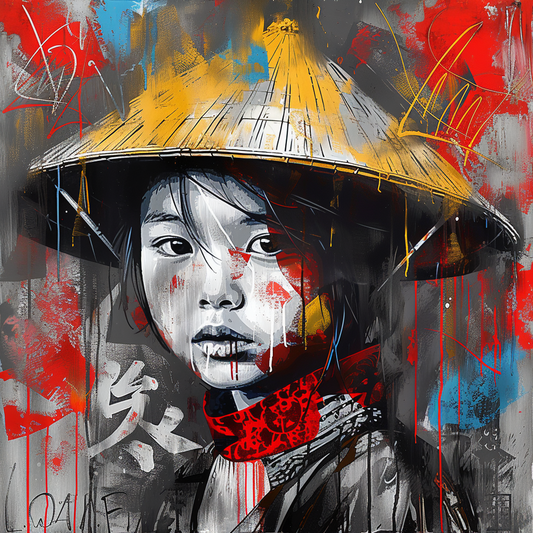 Toile murale d'une jeune fille japonaise avec graffiti et chapeau traditionnel.