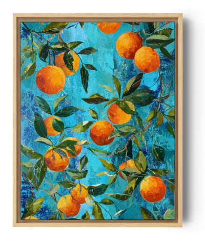 Oranges vibrantes sur fond bleu texturé dans un style botanique lumineux